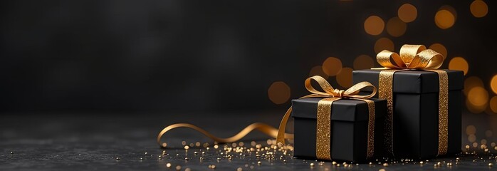 two black gift boxes with golden bows on a dark background with blurred bokeh. banner for christmas 