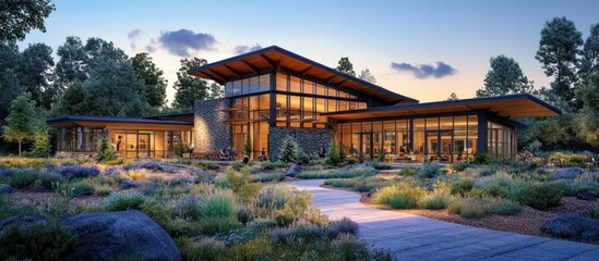 A modern, glass-fronted building with a wooden roof sits in a landscaped garden setting with a paved walkway leading to the entrance.