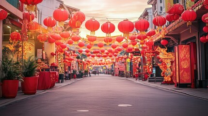 A vibrant street scene with red lanterns and decorations for Chinese New Year