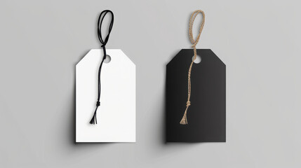 These meticulously designed tags feature a white and a black tag with rustic strings, ideal for branding, labels, and price tags on a transparent background.