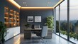 © G.Go - A modern office with a large window and a potted plant