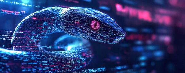 a computer screen displaying python code with a digital snake, symbolizing the application of python