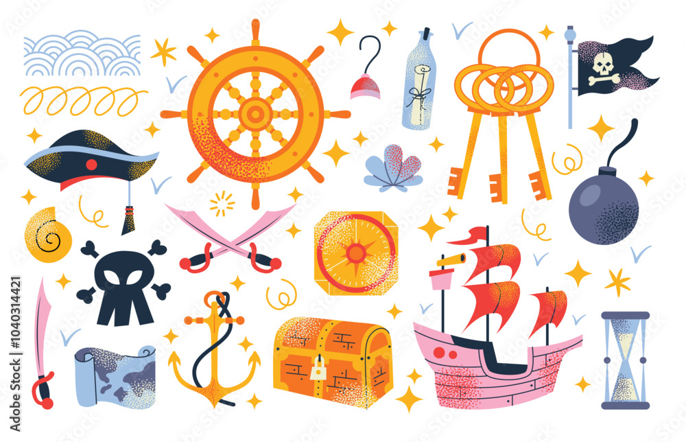 Pirate adventure set elements in flat graphic design. Bundle objects of ...
