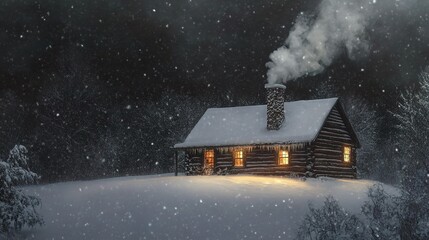 Poster - Cozy Log Cabin in the Snowy Woods at Night