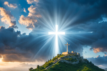 The Holy Cross shines with the meaning of the death and resurrection of Jesus Christ, standing on the hill of Golgotha in a breathtaking sky.