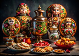 Traditional Russian Cultural Symbols and Cuisine in Low Light Photography