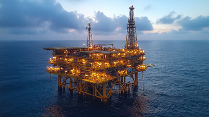 offshore oil rig stands tall in the middle of the ocean, framed by a stunning sky. The rig symbolizes energy extraction, industrial power, and human resilience against nature's vast expanse