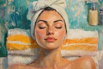 Close-up of a woman in a towel, resting peacefully on a striped orange towel, oil painting effect with abstract brushstroke background and cosmetic bottles