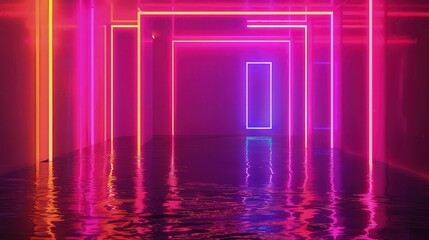 Wall Mural - Abstract neon light fluorescent Neon Lights glow ,Reflection on water, exhibition background 3D illustration. 