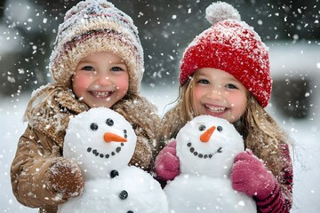 playful smiling children playing outdoors in the snow and making snowman in the cold winter