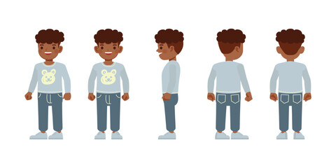 Wall Mural - Kid boy front, side and back wear blue shirt character vector illustration design set. Presentation in various action.