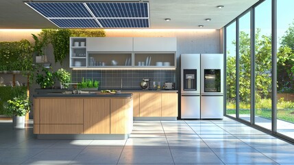 A kitchen with a large window and a solar panel on the ceiling