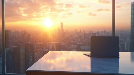 Aufkleber - A laptop rests on a stylish desk as the sun sets behind a sprawling urban skyline, creating a warm glow through the window. Generative AI