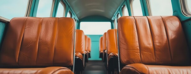 Empty bus interior with brown leather seats and blue walls, spacious and inviting.