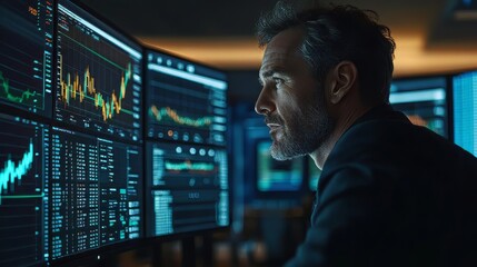 Wall Mural - businessman and team of brokers discussing forex on multiple screens with stock market charts, data 