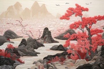 Wall Mural - Red chinese pattern landscape painting plant.