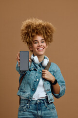 Close up of woman showing smart phone mock-up.