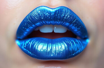 Close-up of glossy blue lips with a metallic finish. The vibrant lipstick shines under the light