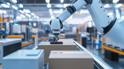 Leinwandbilder - A robotic system managing automated sorting and packaging of high-tech gadgets in a clean, sophisticated electronics warehouse, modern and organized environment with a focus on gadget logistics
