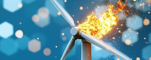 Burning wind turbine against bokeh background