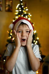 a boy in a Christmas hat on the background of a decorated Christmas tree. happy childhood