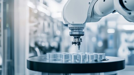 Leinwandbilder - A robotic system performing detailed assembly of high-precision optics in a clean, high-tech optics lab, modern and precise environment with a focus on optical technology