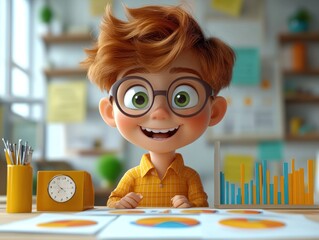 Wall Mural - 3D Cartoon Boy Studying Charts