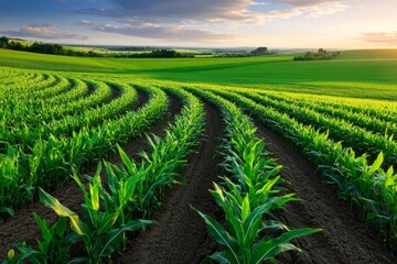Poster - Cornfields at sunset, with long rows of tall corn plants, ready to be harvested, glowing in the golden hour light
