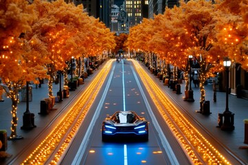 Cyberpunk November cityscape, with neon-lit streets and glowing autumn trees contrasting the gritty urban landscape, blending nature with futuristic tech