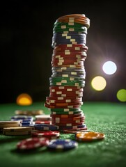 Aufkleber - Colorful casino chips are stacked high on a green table, illuminated by soft background lights, capturing the excitement of gaming night. Generative AI