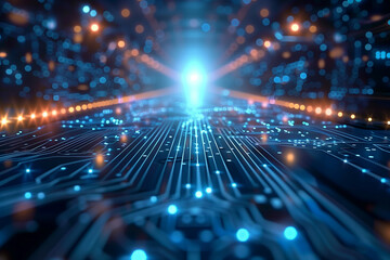 Wall Mural - futuristic digital landscape with glowing blue circuit paths and distant bright light