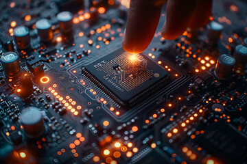 Wall Mural - close-up view of a high-tech microprocessor chip with glowing lights on a circuit board