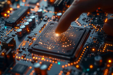 Wall Mural - a close-up image of a futuristic high-tech computer motherboard with a human finger pointing to glow