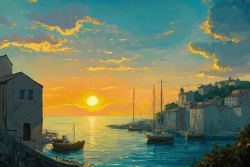 Sticker - a painting of a sunset over a harbor