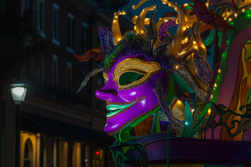 Mardi Gras float with illuminated purple mask and sparkling details