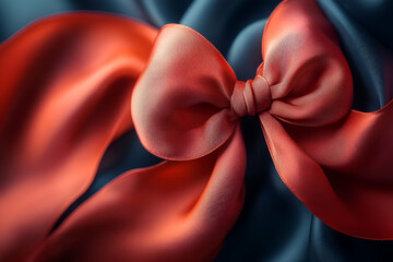 Poster - A close-up of a beautiful red satin bow resting on dark blue fabric, showcasing its intricate folds and elegant sheen.