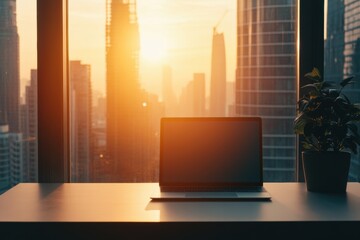 Poster - A laptop is set on a desk beside a plant, with a breathtaking sunset illuminating the tall buildings outside the window. Generative AI