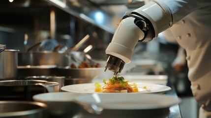 Poster - AI-controlled robotic chefs preparing gourmet meals in a high-end restaurant kitchen, culinary establishment with automated cooking systems, Gastronomy Innovation style