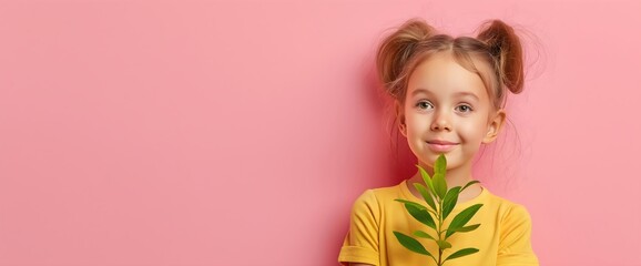 Girl in yellow t-shirt with hair buns holding green plant on pink background. Nature education and youth lifestyle marketing