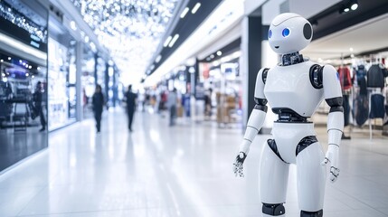 Poster - AI-driven robotic shopping assistant in a futuristic retail store, high-tech shopping mall with robotic assistants and shoppers, Innovative style