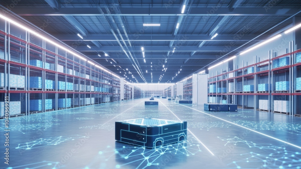 AI-driven warehouse robotics, logistics hub with automated guided ...