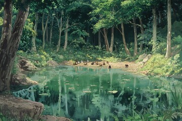 Wall Mural - a painting of a pond surrounded by trees