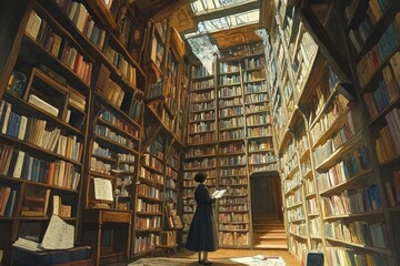 Poster - a painting of a woman standing in a library