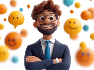 Wall Mural - Smiling Cartoon Businessman Surrounded by Emojis