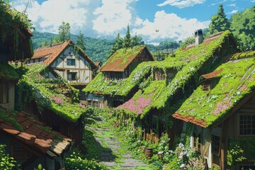 Canvas Print - a painting of a village with green roofs