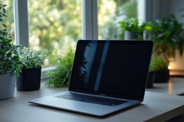 Leinwandbilder - A modern laptop sits quietly on a wooden surface, illuminated by natural light, with vibrant greenery nearby, creating a serene workspace. Generative AI