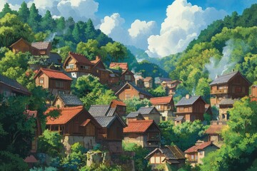 Poster - a painting of a village in the mountains