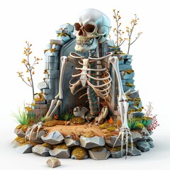 Scary skeleton crawls out of grave. Creepy undead climbs out of broken tombstone in cemetery for halloween party design