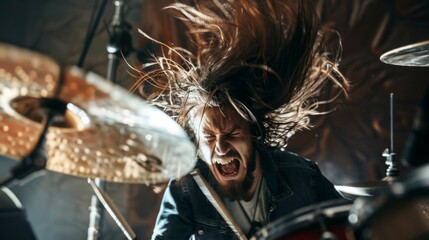 Rock drummer mid-drum solo on a grand stage