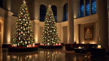 Two large Christmas trees decorated with ornaments and lights stand in a grand hall with a couch and candles.